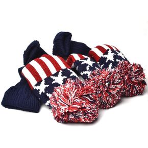 3PCS Knitted Golf Head Covers 1-3-5 for Driver and Fairway Woods with Long Neck Design Vintage Red Stars and Stripes American Flag Sock Pom Pom Golf Club Patriotic Headcovers Set