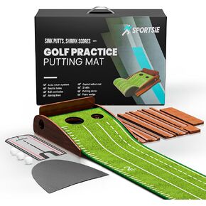 9.5FT Golf Putting Mat with Ball Return Tracks - Backyard Putting Green Kit with 3 Putter Ball, 2 Holes, and Putting Trainer Alignment Mirror - Nonslip Golf Putting Matt for Indoors Outdoors