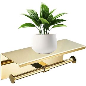Double Toilet Paper Holder with Phone Shelf Dual Roll Tissue Holder Dispenser Wall Mounted SUS304 Commercial Stainless Steel Roll Holder Storage Cool Bathroom Accessory (Gold)
