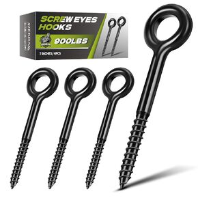 4 Pcs Large Black Screw Eye Hooks - 7 Inch Eye Bolts Screw in Hooks | 900 lbs Breaking Strength for Hanging, Tie-Downs, Heavy-Duty Applications