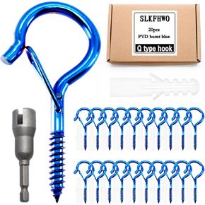Set of 20 Q hooks or Z hooks, screw-in hooks, outdoor hooks, self-tapping hooks with safety buckles, string lights, wind chimes, bonsai, hanger hooks #10x2.2 inches (PVD-burnt blue, Q type hook)