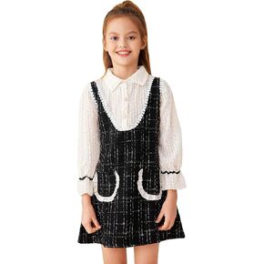 WDIRARA Girl's Plaid Print Bow Front Tweed Dress Flounce Long Sleeve Mock Neck Cute Elegant Short Dresses
