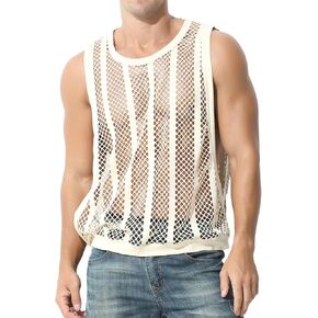 Men's See Through Fishnet Mesh Tank Tops Sexy Side Split Workout Vest Sleeveless Muscle Top Shirts
