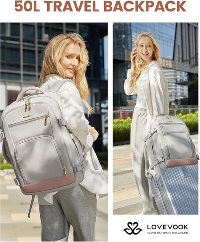 LOVEVOOK Travel Backpack for Women, 40L Carry On Backpack Flight Approved, TSA Personal Item Travel Bag Fits 17 Inch Laptop, Business Weekender Overnight Waterproof Daypack with 2 Cubes, Grey-Pink in Saudi Arabia