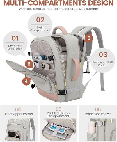 LOVEVOOK Travel Backpack for Women, 40L Carry On Backpack Flight Approved, TSA Personal Item Travel Bag Fits 17 Inch Laptop, Business Weekender Overnight Waterproof Daypack with 2 Cubes, Grey-Pink in Saudi Arabia