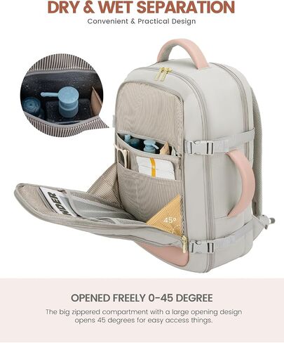 LOVEVOOK Travel Backpack for Women, 40L Carry On Backpack Flight Approved, TSA Personal Item Travel Bag Fits 17 Inch Laptop, Business Weekender Overnight Waterproof Daypack with 2 Cubes, Grey-Pink in Saudi Arabia