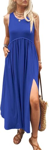 MIEAZOM Women's Maxi Dress Summer Sleeveless Crewneck Swing Sundress Casual Loose Long Dresses with Pockets in Saudi Arabia