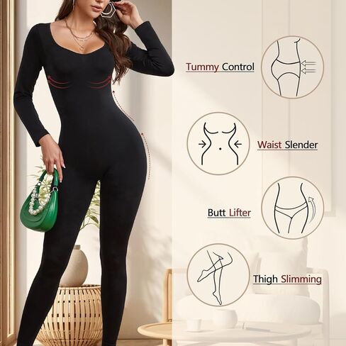 بدلة يوجا للسيدات من Takusun بأكمام طويلة ملابس داخلية للتمرين بطول كامل ملابس داخلية برقبة مربعة قطعة واحدة رومبير in Kuwait