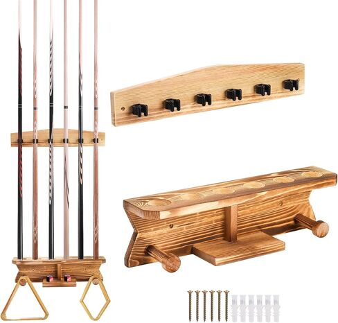 حامل عصا البلياردو على الحائط، حامل عصا البلياردو الخشبي، يحمل 6 قطع و2 رفوف مثلثة، رف جدار عصا البلياردو القوي، منظم ملحقات طاولة البلياردو لغرفة البلياردو، وغرفة الألعاب، والبار in Kuwait