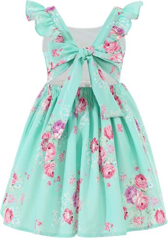 Flofallzique Floral Girls' Dress Summer Ruffle Flutter Sleeve Casual Tie Back Birtrhday Tea Party Toddler Boho Sundresses in Kuwait