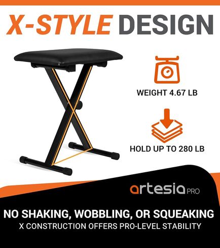 Artesia Portable X-Style Piano Bench - Adjustable, Foldable Keyboard Stool for Musicians - Cushioned Piano Seat Ideal for Piano Players, Perfect for Home & Stage Use, Durable & Compact Keyboard Bench in Saudi Arabia