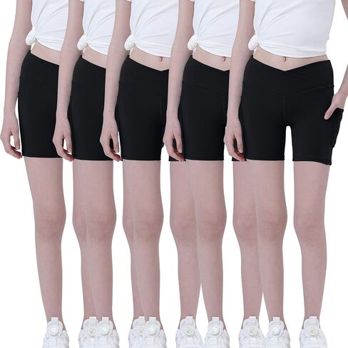 Youth Girls 5" Volleyball Bike Shorts 5-Pack - Kids Running Yoga Athletic Gymnastics Short with Pockets-Cross Waisted in Saudi Arabia