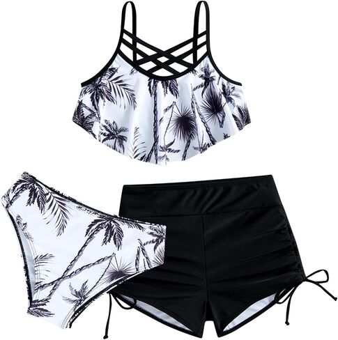 Taubow Girls Bikini Swimsuit 3 Pieces Bathing Suit with Shorts Adjustable Hawaii Swimwear 6-12 Years in Saudi Arabia