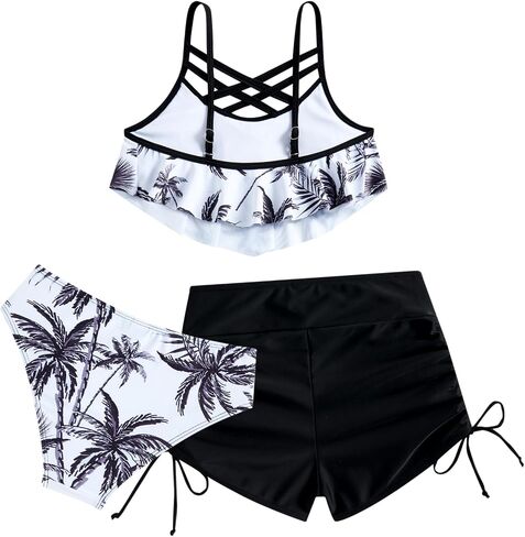 Taubow Girls Bikini Swimsuit 3 Pieces Bathing Suit with Shorts Adjustable Hawaii Swimwear 6-12 Years in Saudi Arabia