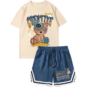 GORGLITTER 2 Piece Outfit Men Bear Letter Print Short Sleeve Tee and Drawstring Waist Shorts Set Tracksuit
