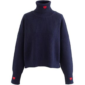 CHICWISH Women's Comfy Casual Long Sleeve Heart Shape Patched Grey/White/Navy Knit Top Pullover Sweater