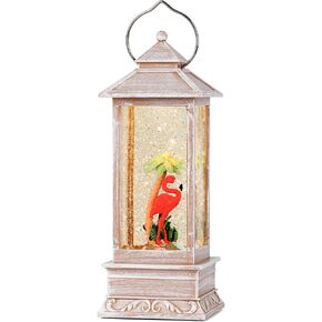 Snow Globe Lantern, Pink Flamingo Lighted Snow Globe Lantern with Timer, USB and Battery Powered Snow Globe with Swirling Glitter, Pink Flamingo Holiday Decor for Home Tabletop Decorations
