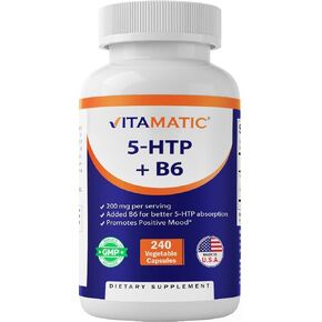 Vitamatic 5-HTP 200mg with B6 5mg Per Serving - 240 Vegetarian Capsules (5-Hydroxytryptophan) - (Griffonia Simplicifolia Seed Extract)