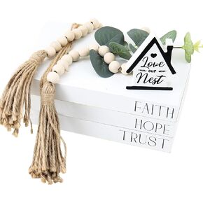 Wood Decorative Books for Home Decor,5pcs Rustic Farmhouse Book Stack Wood Faux Books for Living Room Book Shelf Decor Decorative Books Display with Wood Bead Tassels and Leaves for Home Decor