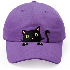 Girls Criss Cross Ponytail Hat Cute Embroidered Black Cat Hats for Girl Adjustable Cotton Baseball Cap for Kids Age 3-14