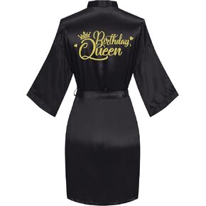 ANNISHER Womens Birthday Party Robes Satin Gold Glitter Queen Squad Kimono Silky Bathrobe Lightweight Nightwear
