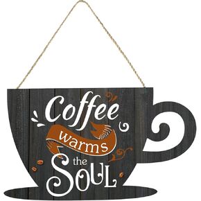 Jetec Coffee Bar Business Door Sign Wooden Coffee Wall Hanging Sign Rustic Farmhouse Coffee Cup Plaque Coffee Warms The Soul for Shop Store Window Restaurants Decoration 11.8 x 6.8 Inches