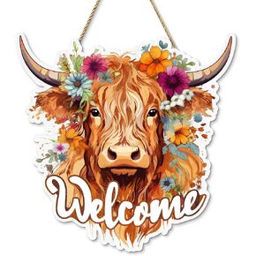 Highland Cow Wall Decor, Cow Head 3D Wooden Sign for Front Door, Boho Welcome Sign Hanging, Cow Wood Sign Decorations for Home, Highland Cow Head Door Wreath Sign for Farmhouse