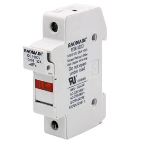 Baomain Solar PV Fuse Holder,Cylindrical Fuse Holder, 10 x 38 mm, 32 Amp, 1000 VDC, 1 Pole, 18 to 8 AWG, 35mm DIN Rail Mount, UR & CE listed (1PCS)