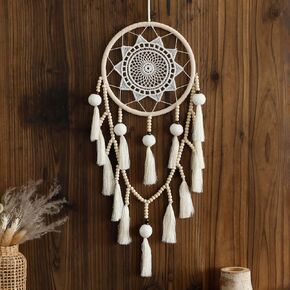 Macrame Dream Catcher Wall Decor with Pom Poms Large White Dreamcatcher Wood Beads Boho Wall Hanging, Handmade Tassels Ornament Room Decor for Girls Bedroom Living Room Weddings