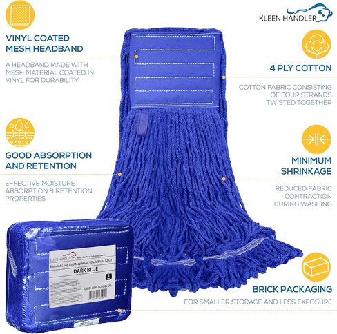 KLEEN HANDLER Blended Loop End Heavy Duty Mop Head Replacement, Wet Mop Refills for Industrial and Commercial Use, Dark Blue, 24 Oz (3-Pack) in Kuwait