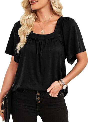 EVALESS Womens Fashion Square Neck Tops Trendy Short Sleeve Shirts Pleated Tee Knit Clothes Basic Clothing Loose Fit T Shirts in Saudi Arabia