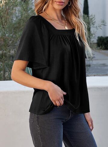 EVALESS Womens Fashion Square Neck Tops Trendy Short Sleeve Shirts Pleated Tee Knit Clothes Basic Clothing Loose Fit T Shirts in Saudi Arabia