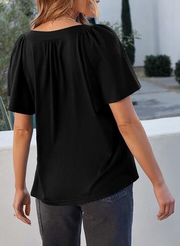 EVALESS Womens Fashion Square Neck Tops Trendy Short Sleeve Shirts Pleated Tee Knit Clothes Basic Clothing Loose Fit T Shirts in Saudi Arabia