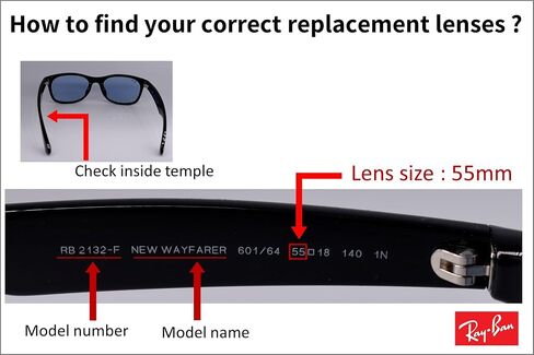 عدسات بديلة مستقطبة متوافقة مع نظارات Rayban New Wayfarer RB2132 (حجم العدسة 55 مم) - صُنعت في الولايات المتحدة الأمريكية - in Kuwait