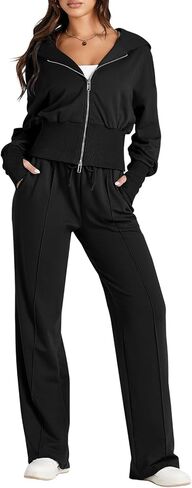 Herseas Long Sleeve Sweatsuits 2 Piece Black Tracksuits Set Plus Size 2024 Sports Outfit Zip Hoodie Sweatpants Jogging Lounge Airport Outfit Set Large 12 14 in Saudi Arabia
