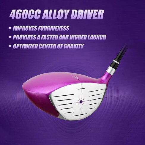 مجموعة مضارب الجولف الكاملة المكونة من 13 قطعة للنساء التي تستخدم اليد اليمنى، تتضمن محرك سبيكة 460 سم مكعب، وخشب الممر، وهجين، و6-#SW، وحقيبة مضرب الجولف وحامل الجولف in Kuwait