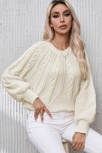 سترة نسائية من Dokotoo سترة كاجوال بأكمام طويلة وفتحة رقبة مستديرة وفضفاضة منسوجة بلوزات مكتنزة in Kuwait