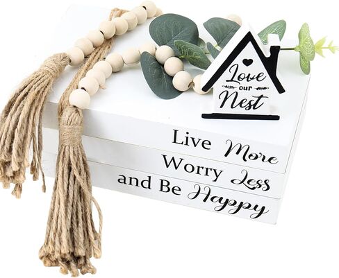 Wood Decorative Books for Home Decor,5pcs Rustic Farmhouse Book Stack Wood Faux Books for Living Room Book Shelf Decor Decorative Books Display with Wood Bead Tassels and Leaves for Home Decor in Saudi Arabia