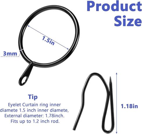 60 Pack Metal Curtain Rings with Hooks, Drapery Hanging Rings 1.5 Inch Interior Diameter Eyelets, Rustproof Vintage Black in Saudi Arabia