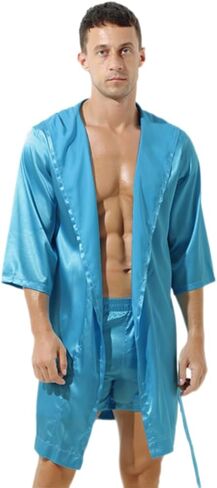 IBAKOM الرجال بيجامة الحرير رداء رداء حمام بقلنسوة ملابس خاصة طويلة الأكمام هوديي النوم Robes ثوب النوم ملابس النوم in Kuwait