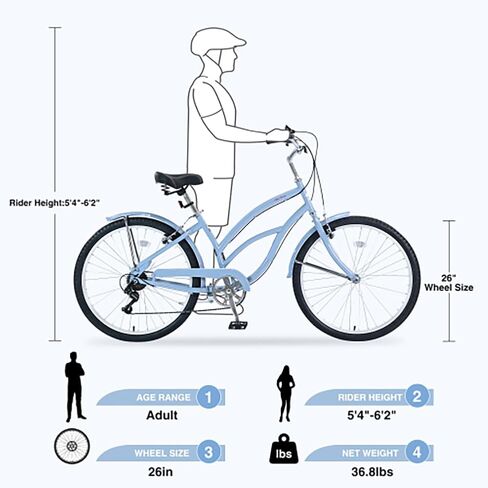 دراجة كروزر، دراجة شاطئ مقاس 26 بوصة مع فرامل عجلة خلفية أمامية على شكل حرف V، دراجة ذات 7 سرعات مع مصدات أمامية وخلفية، للرجال والنساء لركوب الشاطئ بشكل مريح in Kuwait