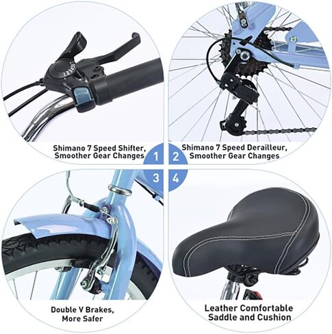 دراجة كروزر، دراجة شاطئ مقاس 26 بوصة مع فرامل عجلة خلفية أمامية على شكل حرف V، دراجة ذات 7 سرعات مع مصدات أمامية وخلفية، للرجال والنساء لركوب الشاطئ بشكل مريح in Kuwait