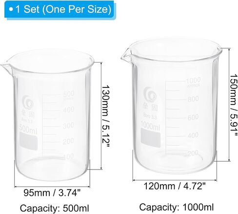 PATIKIL 250/500ml Low Form Glass Beaker, 2Pcs 3.3 Borosilicate Glass Beakers Graduated Measuring Cup with Spout for Lab Experiment, Cooking and Baking, Clear in Saudi Arabia