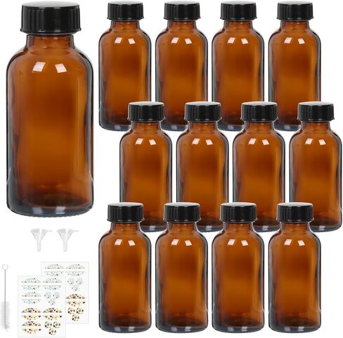 12 عبوة من زجاجات العنبر الزجاجية بأغطية سعة 8 أونصة من ستارسايد، زجاجات بوسطن مستديرة 240 مل للزيوت العطرية والصلصة الساخنة والعصير والسوائل، تتضمن فرشاة واحدة وقمع واحد و12 ملصقًا. in Kuwait