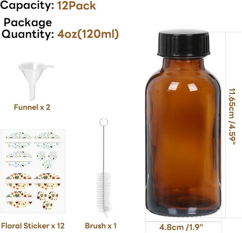 12 عبوة من زجاجات العنبر الزجاجية بأغطية سعة 8 أونصة من ستارسايد، زجاجات بوسطن مستديرة 240 مل للزيوت العطرية والصلصة الساخنة والعصير والسوائل، تتضمن فرشاة واحدة وقمع واحد و12 ملصقًا. in Kuwait