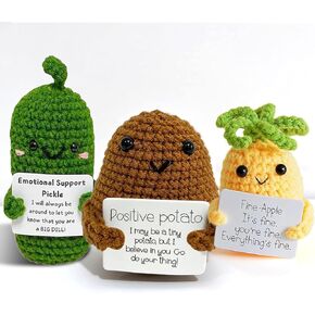 3PCS Knitted Funny Positive Pickle,Potato Toy with Positive Card,Positive Pineapple,- Creative Cute Crochet Doll Cheer Up Gift for Friends,Parties, Christmas Decoration