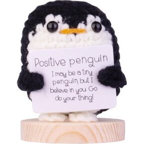 Funny Penguin Doll, Cute Knitted Wool Penguin, Handmade Emotional Support Crochet Penguin Gift with Wooden Base Positive Card for Car Home Office(Purple)