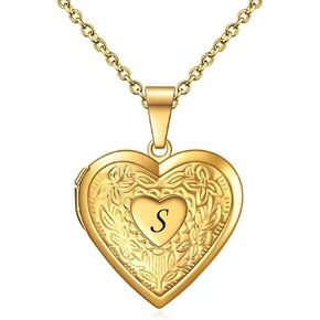 KunBead Women's Gold Heart Photo Locket Necklace with Picture inside Initial A-Z Letter Alphabet Love Jewelry Pendant Necklace