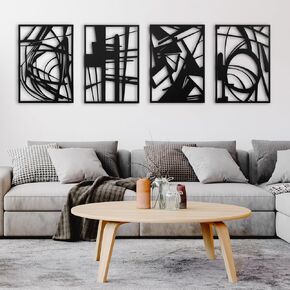 Moolashiny 4 Pack Metal Abstract Wall Art Decor, Single Line Minimalist Art Décor, 3D Sculptures Textured Hanging Wall Home Decor for Bathroom Living Room Bathroom Study, Black