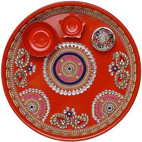 Handcrafted Orange Pooja Thali Plate Platter Engagement Plate Decorative Steel Puja Thali with Essential Pooja Articles for Aarti Pooja Rituals Festival Wedding Indian Traditional Decorations(Size-9")